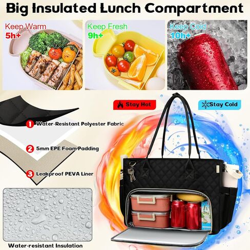 Lunch Tote Bag with 15.6 Inch Laptop Compartment& Water Bottle Pocket, Quilted Nylon Work Tote Bag with Large Insulated Lunch Compartment for Women Schoool Business Teacher Nurse (Black) in Saudi Arabia