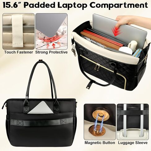 Lunch Tote Bag with 15.6 Inch Laptop Compartment& Water Bottle Pocket, Quilted Nylon Work Tote Bag with Large Insulated Lunch Compartment for Women Schoool Business Teacher Nurse (Black) in Saudi Arabia