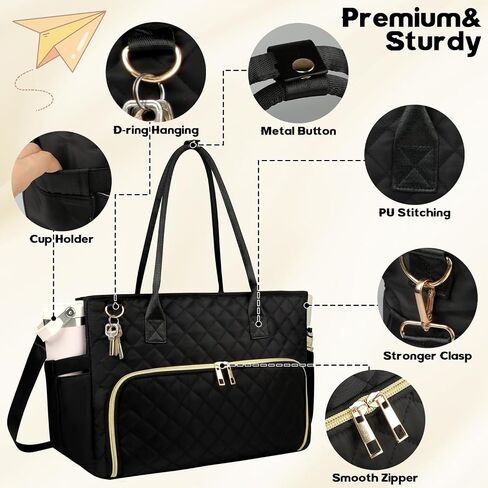 Lunch Tote Bag with 15.6 Inch Laptop Compartment& Water Bottle Pocket, Quilted Nylon Work Tote Bag with Large Insulated Lunch Compartment for Women Schoool Business Teacher Nurse (Black) in Saudi Arabia
