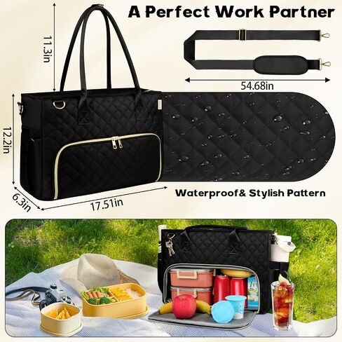 Lunch Tote Bag with 15.6 Inch Laptop Compartment& Water Bottle Pocket, Quilted Nylon Work Tote Bag with Large Insulated Lunch Compartment for Women Schoool Business Teacher Nurse (Black) in Saudi Arabia