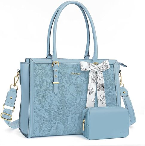 MOSISO Laptop Bag for Women, PU Leather Tote Bag, Front Embossed Retro Hibiscus Computer Bags with Silk Scarf&Clutch Purse in Saudi Arabia