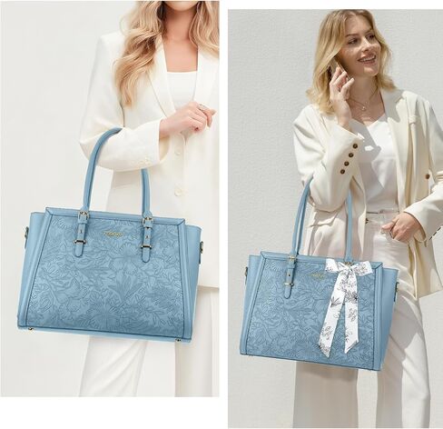 MOSISO Laptop Bag for Women, PU Leather Tote Bag, Front Embossed Retro Hibiscus Computer Bags with Silk Scarf&Clutch Purse in Saudi Arabia
