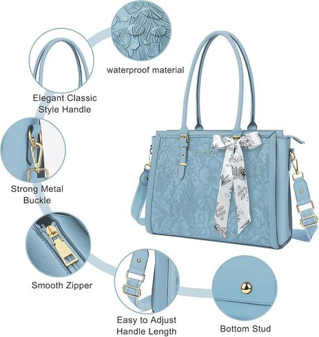 MOSISO Laptop Bag for Women, PU Leather Tote Bag, Front Embossed Retro Hibiscus Computer Bags with Silk Scarf&Clutch Purse in Saudi Arabia