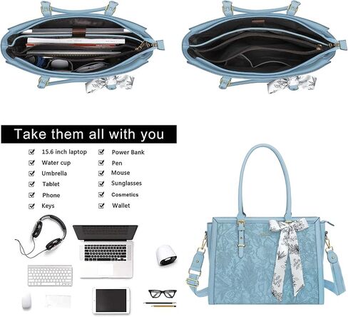 MOSISO Laptop Bag for Women, PU Leather Tote Bag, Front Embossed Retro Hibiscus Computer Bags with Silk Scarf&Clutch Purse in Saudi Arabia