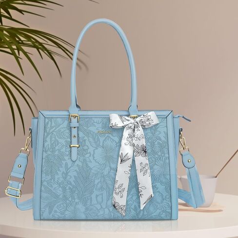 MOSISO Laptop Bag for Women, PU Leather Tote Bag, Front Embossed Retro Hibiscus Computer Bags with Silk Scarf&Clutch Purse in Saudi Arabia