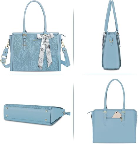 MOSISO Laptop Bag for Women, PU Leather Tote Bag, Front Embossed Retro Hibiscus Computer Bags with Silk Scarf&Clutch Purse in Saudi Arabia