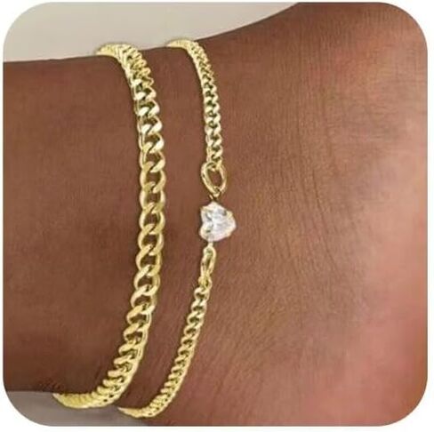 925 Sterling Silver/14K Gold Fashion Minimalist Heart Zircon Couple Chain Anklet 2-Piece Set -Loving Zircon Couple Chain Anklet Stackable Unisex Foot Jewelry for Couple Keepsakes(Gold) in Saudi Arabia