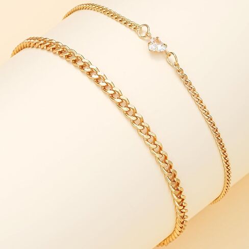 925 Sterling Silver/14K Gold Fashion Minimalist Heart Zircon Couple Chain Anklet 2-Piece Set -Loving Zircon Couple Chain Anklet Stackable Unisex Foot Jewelry for Couple Keepsakes(Gold) in Saudi Arabia