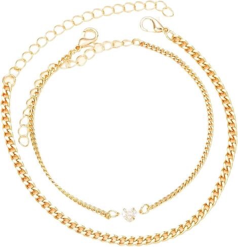 925 Sterling Silver/14K Gold Fashion Minimalist Heart Zircon Couple Chain Anklet 2-Piece Set -Loving Zircon Couple Chain Anklet Stackable Unisex Foot Jewelry for Couple Keepsakes(Gold) in Saudi Arabia