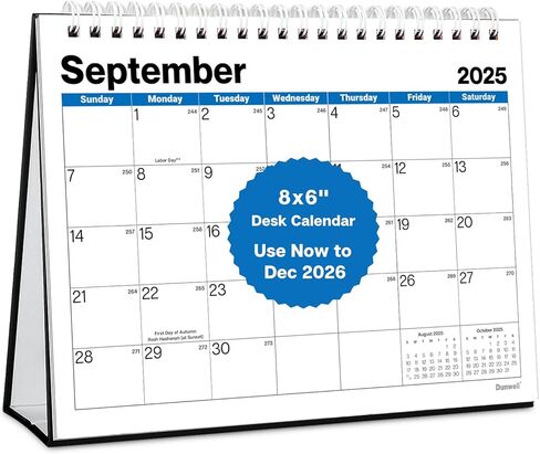 Dunwell 8x6" Small Standing Desk Calendar 2026 (Colorful), 4 Extra Months Sept - Dec 2025, Small Office Desktop Monthly Calendar for Early Planning & Organization, Compact Size for Workspace, Home in Kuwait