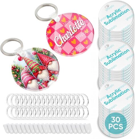90 Pcs Sublimation Acrylic Keychain Blanks, with 30 Fixing Clips and 30 Key Rings for Heat Transfer Keychain Bag Decor Pet Necklace Christmas Tree Decor, Home Gift Crafts Supplies in Kuwait