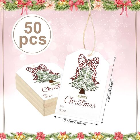 Taling 50 PCS Hishench Gift Tags with String Pink Bow Merry Paper Paper Gift Tags Xmas Hanging Label لقضاء عطلة سعيدة للهدايا ، ملصق الورق الحديث (القوس الوردي) in Saudi Arabia