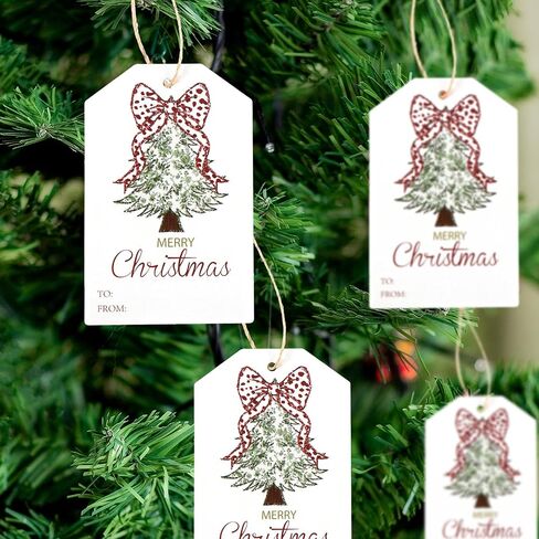 Taling 50 PCS Hishench Gift Tags with String Pink Bow Merry Paper Paper Gift Tags Xmas Hanging Label لقضاء عطلة سعيدة للهدايا ، ملصق الورق الحديث (القوس الوردي) in Saudi Arabia