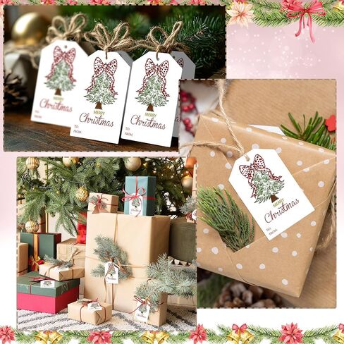 Taling 50 PCS Hishench Gift Tags with String Pink Bow Merry Paper Paper Gift Tags Xmas Hanging Label لقضاء عطلة سعيدة للهدايا ، ملصق الورق الحديث (القوس الوردي) in Saudi Arabia