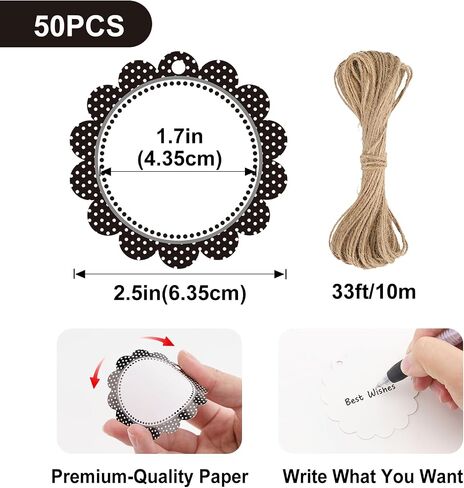 Jijacraft 50pcs علامات هدايا فارغة مع سلسلة ، 2.5 بوصة سوداء النقطة الأسود مستديرة مستديرة فارغة ، علامات الورق الأبيض القابل للكتابة لالتفاف الهدايا ، الحرف اليدوية ، ألعاب in Saudi Arabia