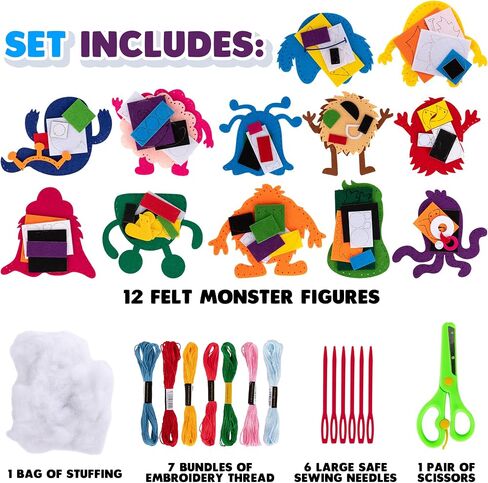 Halloween Monster Craft Sewing Kit for Kids - Sewing Craft Kit with 12 Monster Characters, 6 Child-Friendly Needles, 7 Thread Bundles, 1 Bag of Stuffing, and Scissors - Sewing Craft Ages 5 6 7 8 9 10+ in Saudi Arabia