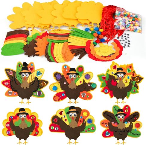 24 PCS Thanksgiving Turkey Craft Kit for Kids DIY Thanksgiving Turkey Necklace Crafts Colorful Turkeys Felt Stickers DIY Ornaments Decorations for Kids Party Favors Home Classroom Activities in Saudi Arabia