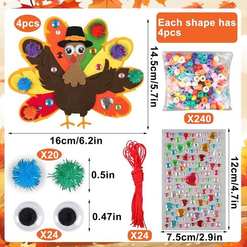 24 PCS Thanksgiving Turkey Craft Kit for Kids DIY Thanksgiving Turkey Necklace Crafts Colorful Turkeys Felt Stickers DIY Ornaments Decorations for Kids Party Favors Home Classroom Activities in Saudi Arabia