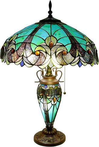 Tiffany Lamp Green Handmade Stained Glass Table Lamp Desk Light 18" Wide 24" Tall Vintage Tiffany Style Table Lamp for Bedroom Living Room Home Office, LED Bulb Included in Saudi Arabia