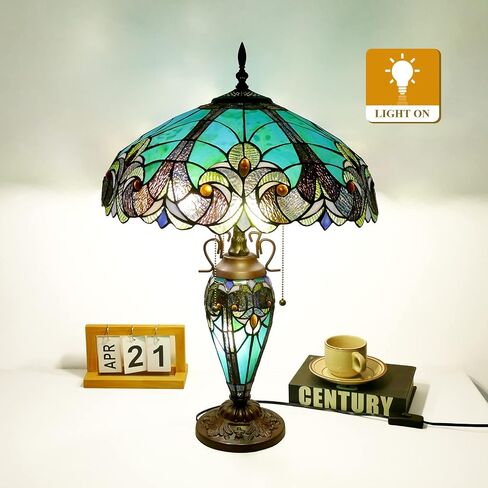 Tiffany Lamp Green Handmade Stained Glass Table Lamp Desk Light 18" Wide 24" Tall Vintage Tiffany Style Table Lamp for Bedroom Living Room Home Office, LED Bulb Included in Saudi Arabia