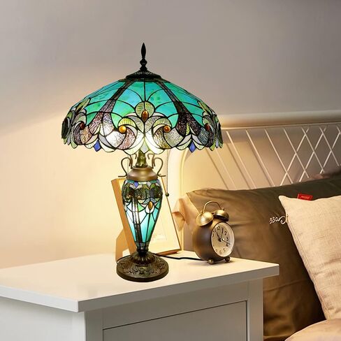 Tiffany Lamp Green Handmade Stained Glass Table Lamp Desk Light 18" Wide 24" Tall Vintage Tiffany Style Table Lamp for Bedroom Living Room Home Office, LED Bulb Included in Saudi Arabia