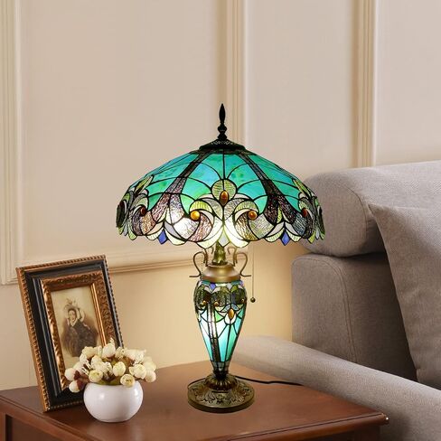 Tiffany Lamp Green Handmade Stained Glass Table Lamp Desk Light 18" Wide 24" Tall Vintage Tiffany Style Table Lamp for Bedroom Living Room Home Office, LED Bulb Included in Saudi Arabia