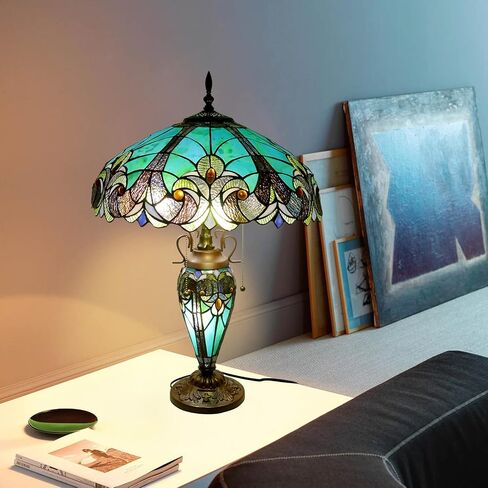 Tiffany Lamp Green Handmade Stained Glass Table Lamp Desk Light 18" Wide 24" Tall Vintage Tiffany Style Table Lamp for Bedroom Living Room Home Office, LED Bulb Included in Saudi Arabia