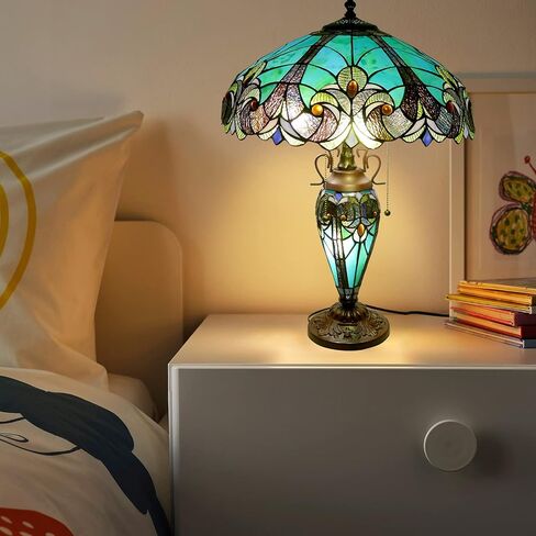Tiffany Lamp Green Handmade Stained Glass Table Lamp Desk Light 18" Wide 24" Tall Vintage Tiffany Style Table Lamp for Bedroom Living Room Home Office, LED Bulb Included in Saudi Arabia