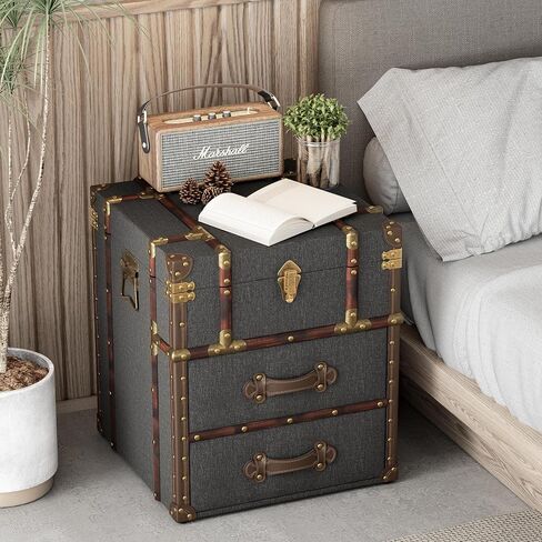 Vintage Storage Chest with Buckle Hinged Top, Linen Accent End Side Table for Living Room, Office, Bedroom, Rectangle, Grey in Saudi Arabia