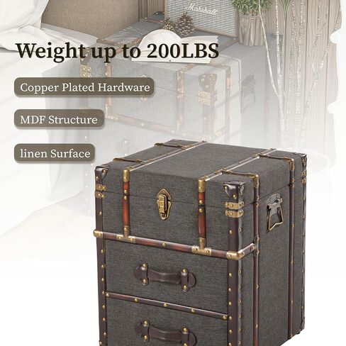 Vintage Storage Chest with Buckle Hinged Top, Linen Accent End Side Table for Living Room, Office, Bedroom, Rectangle, Grey in Saudi Arabia