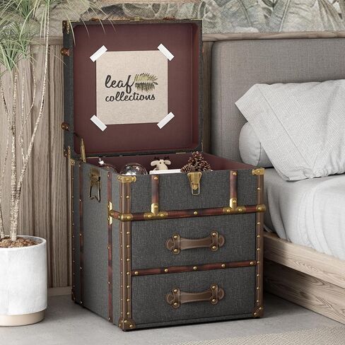 Vintage Storage Chest with Buckle Hinged Top, Linen Accent End Side Table for Living Room, Office, Bedroom, Rectangle, Grey in Saudi Arabia