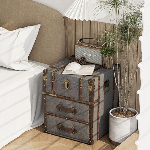 Vintage Storage Chest with Buckle Hinged Top, Linen Accent End Side Table for Living Room, Office, Bedroom, Rectangle, Grey in Saudi Arabia