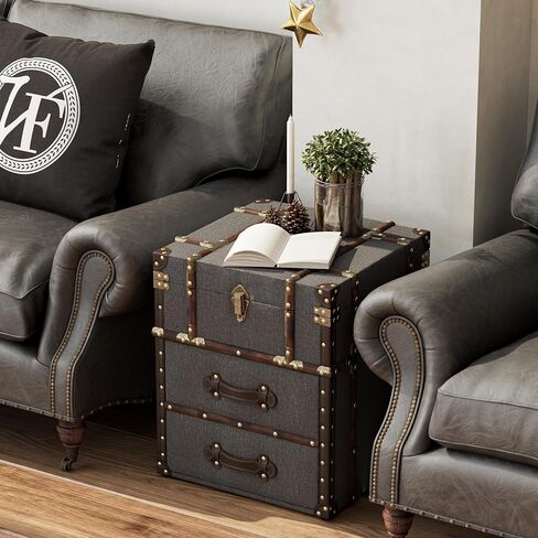 Vintage Storage Chest with Buckle Hinged Top, Linen Accent End Side Table for Living Room, Office, Bedroom, Rectangle, Grey in Saudi Arabia