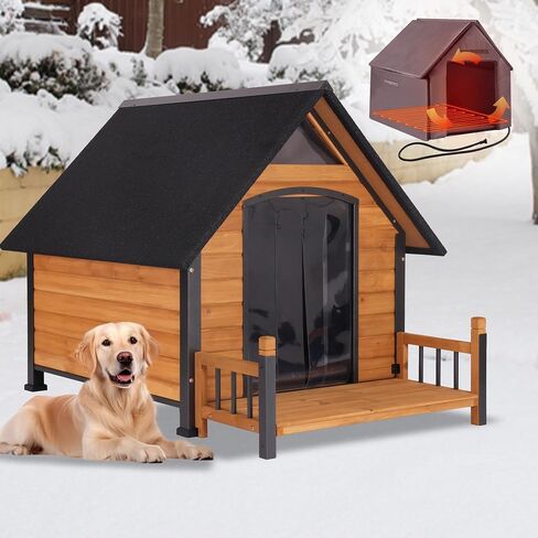 Large Outdoor Heated Dog House with Porch, All-Around Insulated Liner, Weatherproof Outside Dog House with Anti-Bite Metal Frame, Dog Kennel for Small Medium Large Dogs in Saudi Arabia
