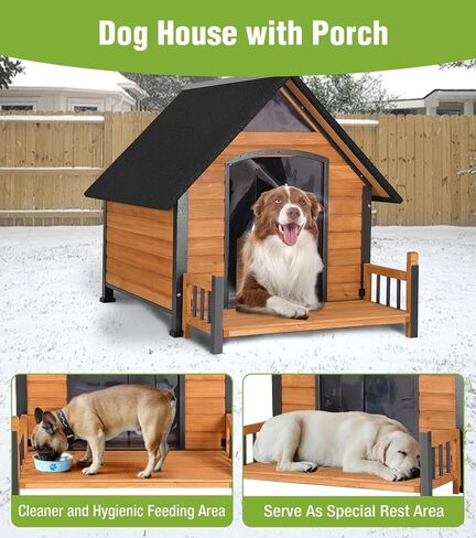 Large Outdoor Heated Dog House with Porch, All-Around Insulated Liner, Weatherproof Outside Dog House with Anti-Bite Metal Frame, Dog Kennel for Small Medium Large Dogs in Saudi Arabia