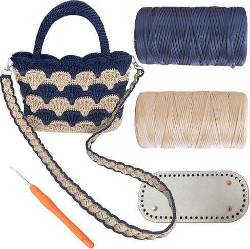 SHENJILL Tote Bag Crochet Kit for Beginners Two Color Crochet Kit with Step-by-Step Videos and Written Instruction Fan-Shaped Bag Crocheting Kit for Adults Easy Crocheting Yarn (White Blue) in Kuwait