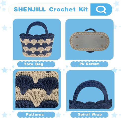 SHENJILL Tote Bag Crochet Kit for Beginners Two Color Crochet Kit with Step-by-Step Videos and Written Instruction Fan-Shaped Bag Crocheting Kit for Adults Easy Crocheting Yarn (White Blue) in Kuwait