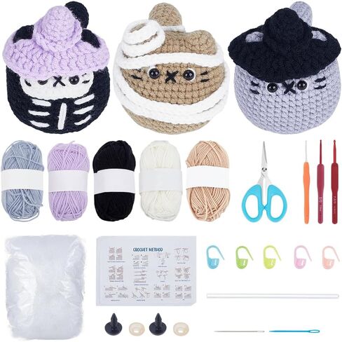 Origach 4 PCS Halloween Ghost و Mini Pumpkin Crochet Kit للمبتدئين ، مجموعة الكروشيه DIY للبالغين ، مجموعة مفاتيح الكروشيه الكاملة مع تعليمي فيديو خطوة بخطوة لتجمعات الحفلات الهالوين in Kuwait