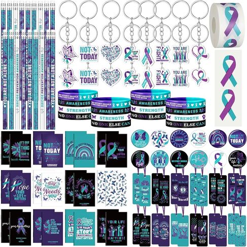 24 Sets Suicide Prevention Awareness Items Include Purple Teal Ribbon Silicone Bracelets Pin Notebook Bookmarks with Ribbon Keychain Pencils Stickers for Women Men Suicide Awareness Prevention in Kuwait