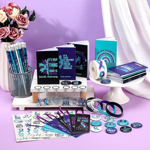 24 Sets Suicide Prevention Awareness Items Include Purple Teal Ribbon Silicone Bracelets Pin Notebook Bookmarks with Ribbon Keychain Pencils Stickers for Women Men Suicide Awareness Prevention in Kuwait