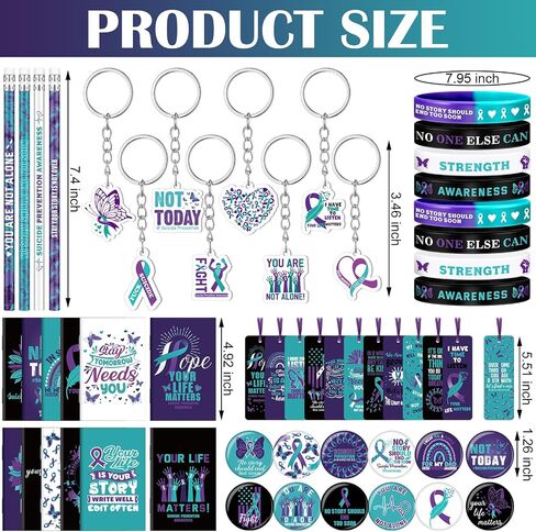 24 Sets Suicide Prevention Awareness Items Include Purple Teal Ribbon Silicone Bracelets Pin Notebook Bookmarks with Ribbon Keychain Pencils Stickers for Women Men Suicide Awareness Prevention in Kuwait