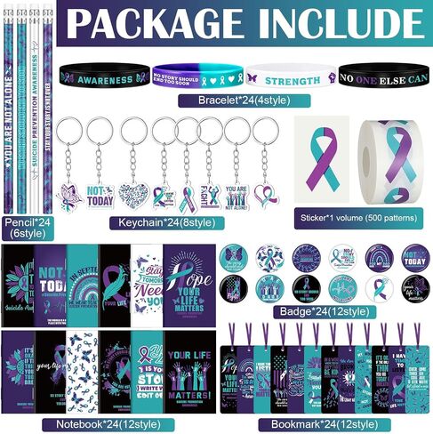 24 Sets Suicide Prevention Awareness Items Include Purple Teal Ribbon Silicone Bracelets Pin Notebook Bookmarks with Ribbon Keychain Pencils Stickers for Women Men Suicide Awareness Prevention in Kuwait