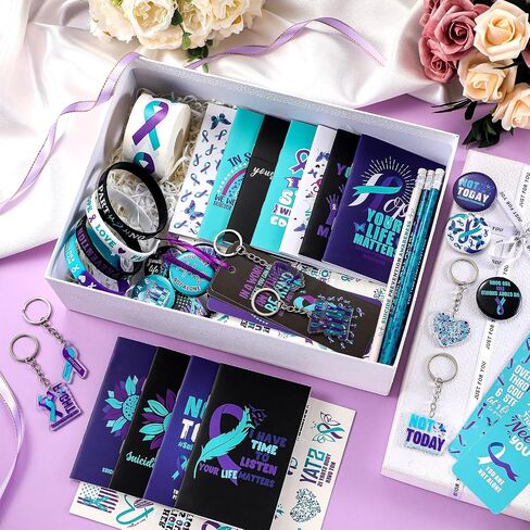 24 Sets Suicide Prevention Awareness Items Include Purple Teal Ribbon Silicone Bracelets Pin Notebook Bookmarks with Ribbon Keychain Pencils Stickers for Women Men Suicide Awareness Prevention in Kuwait