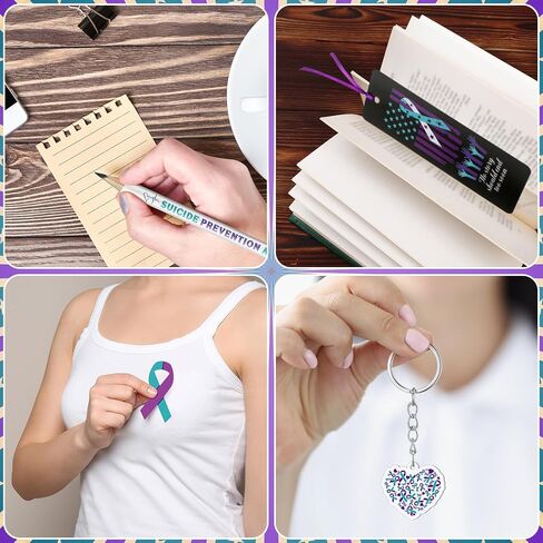 24 Sets Suicide Prevention Awareness Items Include Purple Teal Ribbon Silicone Bracelets Pin Notebook Bookmarks with Ribbon Keychain Pencils Stickers for Women Men Suicide Awareness Prevention in Kuwait