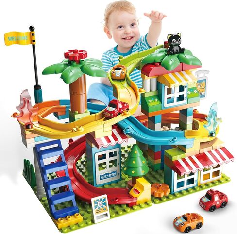 Marble Run Building Blocks,Classic Large Blocks Maze Track Sets with 4 Cars,STEM Toy Bricks Maze Puzzle Set Race Track Compatible with Major Brands for Age 3 4 5 6 7 8+ Boys Girls Gift in Saudi Arabia