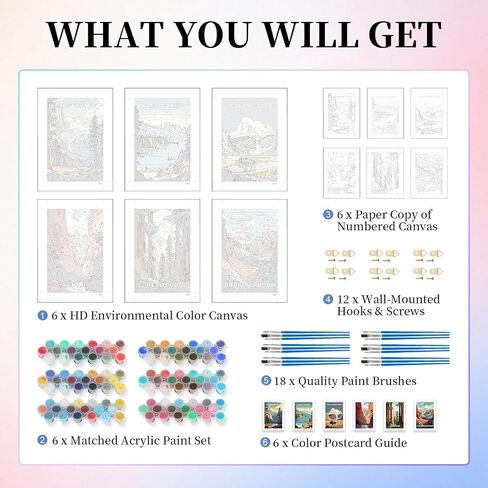 6 Pack Paint by Numbers Kit for Adults, National Park Adult Paint by Number Kits on Canvas Without Frame for Beginner, Mountains Lake Acrylic Oil Painting by Numbers Kits for Home Decor 8 x 12 Inch in Kuwait