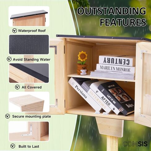Comsis Little Library Box Outdoor-16x14x22 Inch Weathproof Wooden Book Station ، مكتبة صغيرة مجانية سهلة التثبيت مع صفيحة تصاعد لمشاركة الكتب المجتمعية والفنون. in Saudi Arabia