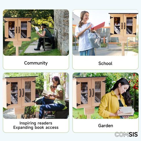 Comsis Little Library Box Outdoor-16x14x22 Inch Weathproof Wooden Book Station ، مكتبة صغيرة مجانية سهلة التثبيت مع صفيحة تصاعد لمشاركة الكتب المجتمعية والفنون. in Saudi Arabia