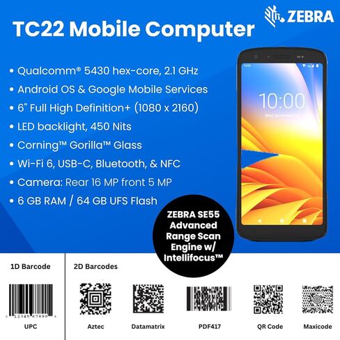 Zebra TC22 Mobile Computer 6"| Touch Screen | WLAN, WiFi 6 | 1 Year Warranty | NFC, BT, USB-C | Android OS | Integrated 1D/2D Scanner in Saudi Arabia