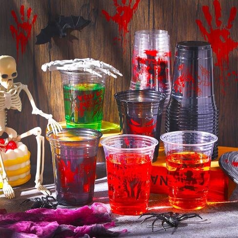 Sliner 120 Pack Plood Print Plastic Coups - 16 Oz Ploody Print Print Accoupable Halloween Concture For Scary Party Supplies ، Juice ، Soda Decorations in Kuwait